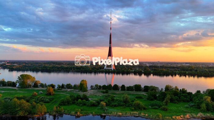 Aerial Sunset View of Riga TV Tower