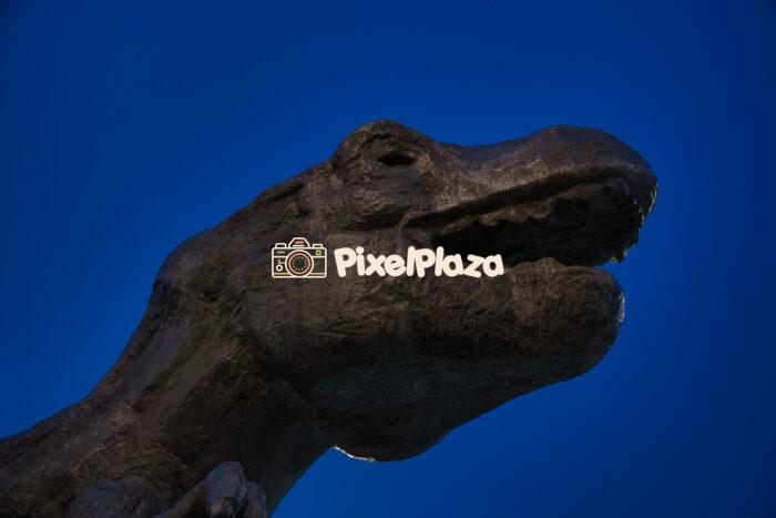 Dramatic Tyrannosaurus Rex Statue Against a Deep Blue Sky Dramatic Tyrannosaurus Rex Statue Against a Deep Blue Sky