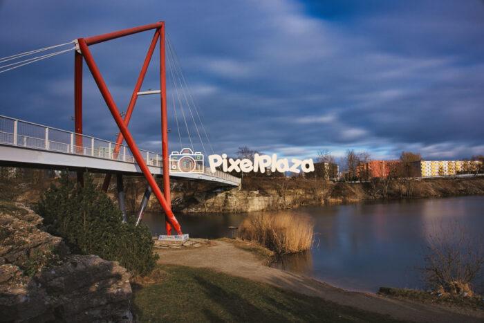 Modern Red Pedestrian Bridge in Pae Park, Tallinn, Estonia