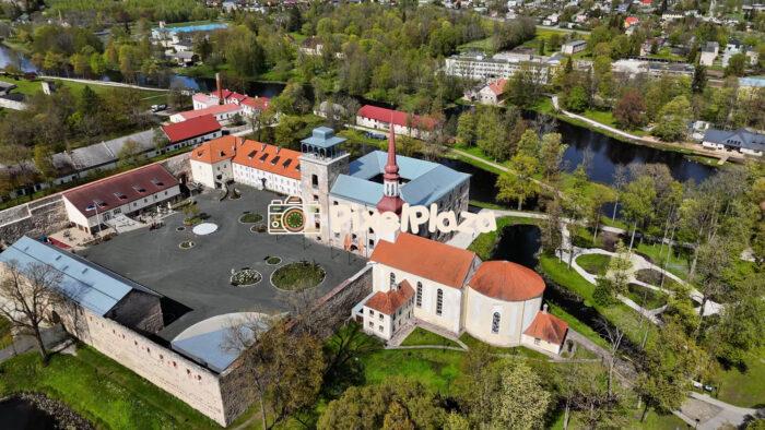 Aerial View of Põltsamaa Castle in Spring - Historic Landmark in Estonia - 4K Drone Video
