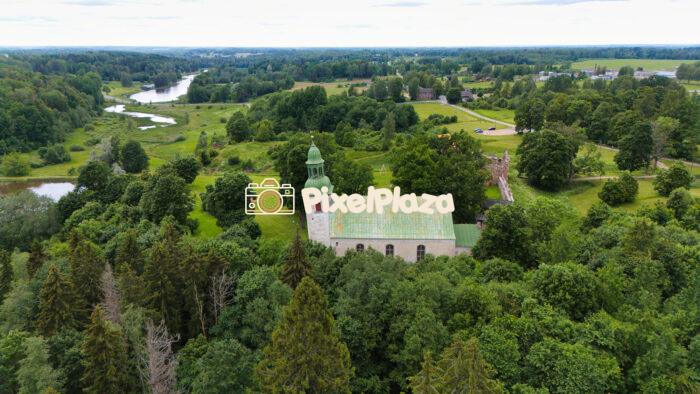 Drone View of St. Peter's Church in Karksi-Nuia, Estonia - Summer Landscap