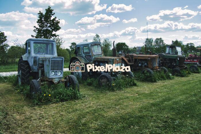 Row of Abandoned Vintage Tractors on Overgrown Farm Field