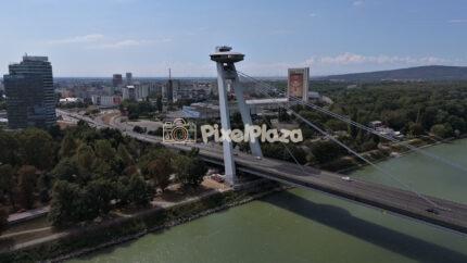 Aerial Drone View of Most SNP UFO Tower Bridge in Bratislava, Slovakia