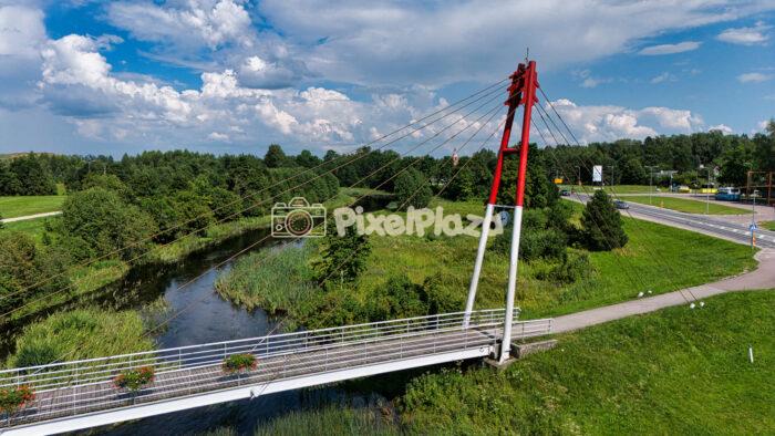 Cable-Stayed Pedestrian Bridge Over River in Kohila, Estonia - Summer Aerial View