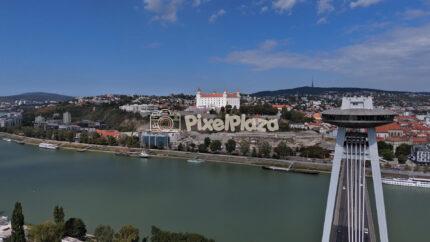 Drone Aerial View of Bratislava Castle and Most SNP UFO Tower, Slovakia