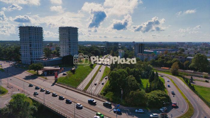 Drone Panorama of Tallinn Järve - Twin Tower Skyscrapers, Major Highway, and Green Cityscape, Estonia2 Drone Panorama of Tallinn Järve - Twin Tower Skyscrapers, Major Highway, and Green Cityscape, Estonia