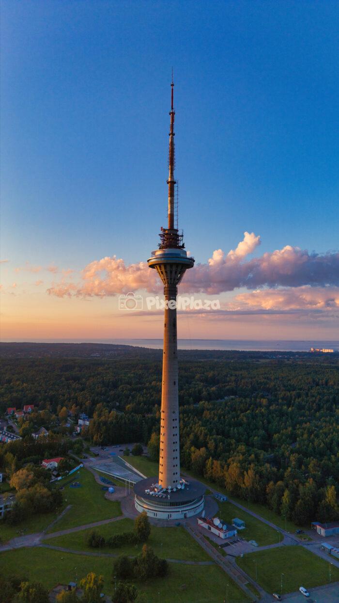 Drone View of Tallinn TV Tower at Sunset - Estonia Landmark