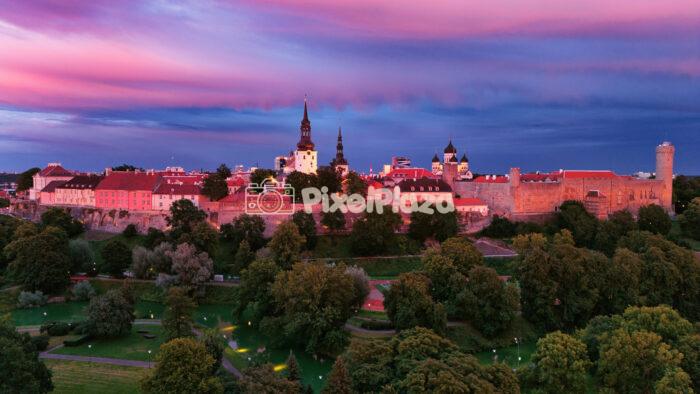 Tallinn Old Town Skyline at Sunset - Historic Medieval Cityscape of Estonia
