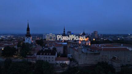 Twilight Drone View of Tallinn Old Town, Estonia
