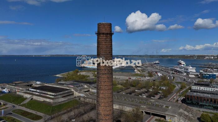 Aerial View of Tallinn Port and Historic Chimney - Estonia