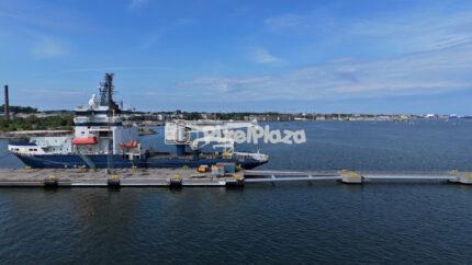 Docked Research Vessel at Tallinn Cruise Terminal - Aerial Drone View