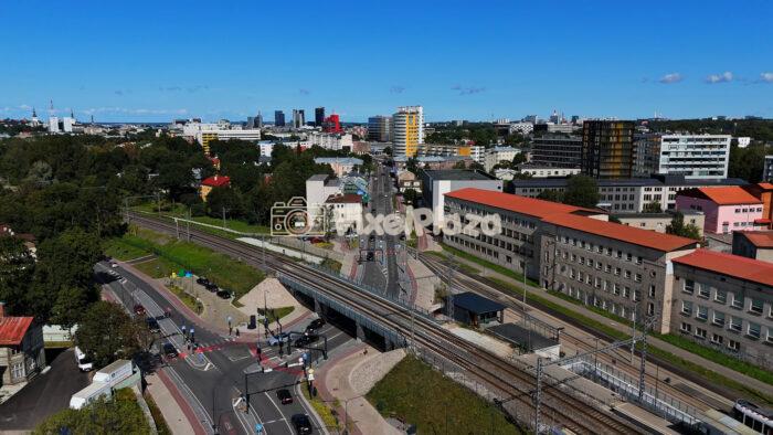 Aerial View of Tallinn Urban Railway and City Streets on a Sunny Day