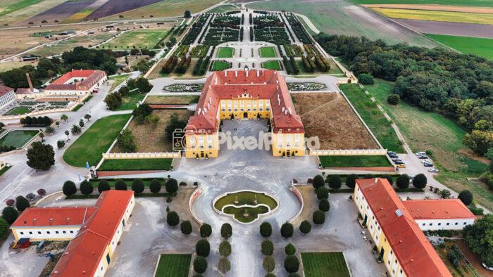 Drone Shot of Schloss Hof Palace and Terraced Baroque Gardens, Austria Drone Shot of Schloss Hof Palace and Terraced Baroque Gardens, Austria