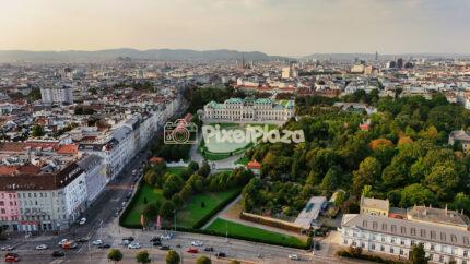 Drone View of Belvedere Palace and Vienna Skyline at Sunset