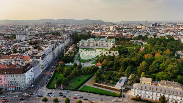 Drone View of Belvedere Palace and Vienna Skyline at Sunset Drone View of Belvedere Palace and Vienna Skyline at Sunset