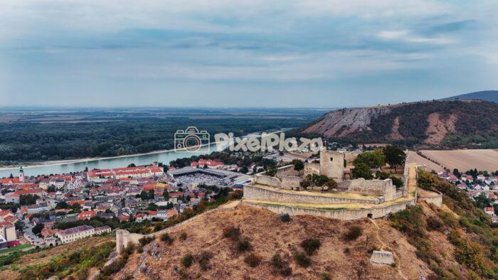 Drone View of Devín Castle Ruins and Danube River Confluence, Slovakia Drone View of Devín Castle Ruins and Danube River Confluence, Slovakia