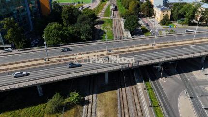 Drone View of Highway Overpass and Railway Lines in Tallinn, Estonia