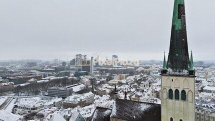 Snowy Tallinn Old Town Aerial View in Winter, Estonia - 4K Drone Video