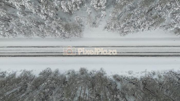 Vertical Takeoff Over Snowy Forest Road in Estonia - 4K Drone Video