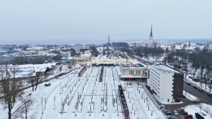 Winter Aerial View of Baltic Station and Old Town Skyline, Tallinn - 4K Drone Video