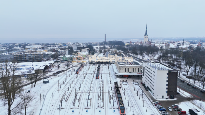 Winter Aerial View of Baltic Station and Old Town Skyline, Tallinn - 4K Drone Video