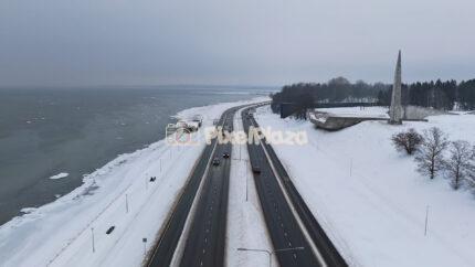 Winter Aerial View of Pirita Road Coastal Highway, Tallinn, Estonia - 4K Drone Video