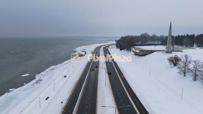 Winter Aerial View of Pirita Road Coastal Highway, Tallinn, Estonia - 4K Drone Video