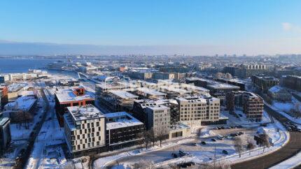 Winter Aerial View of Tallinn City and Harbor, Estonia - 4K Drone Video