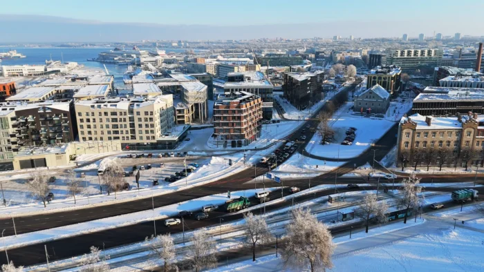 Winter Aerial View of Tallinn Cityscape and Harbor, Estonia - 4K Drone Video