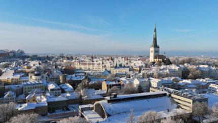 Winter Aerial View of Tallinn Old Town Skyline, Estonia - 4K Drone Video
