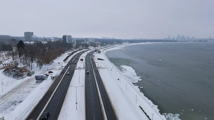 Winter Drone View of Pirita Road Coastal Highway in Tallinn, Estonia - 4K Drone Video