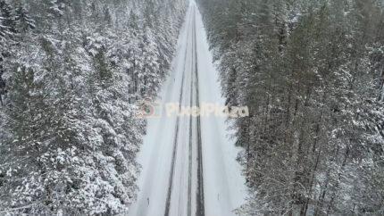 Winter Forest Road in Estonia - Aerial Drone View with Passing Cars