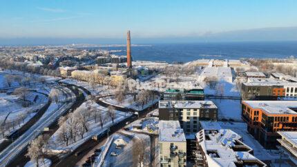 Winter View of Modern Buildings in Tallinn and the Baltic Sea coast - 4K Drone Video