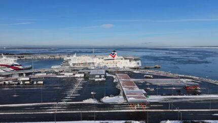 Aerial Drone View of Tallinn Port with Passenger Ferry in Winter, Estonia