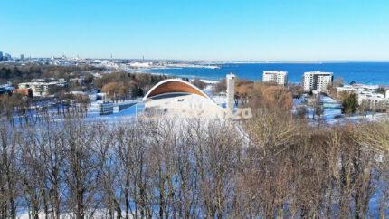 Aerial Drone View of Tallinn Song Festival Grounds and Baltic Coast in Winter