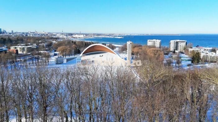 Aerial Drone View of Tallinn Song Festival Grounds and Baltic Coast in Winter