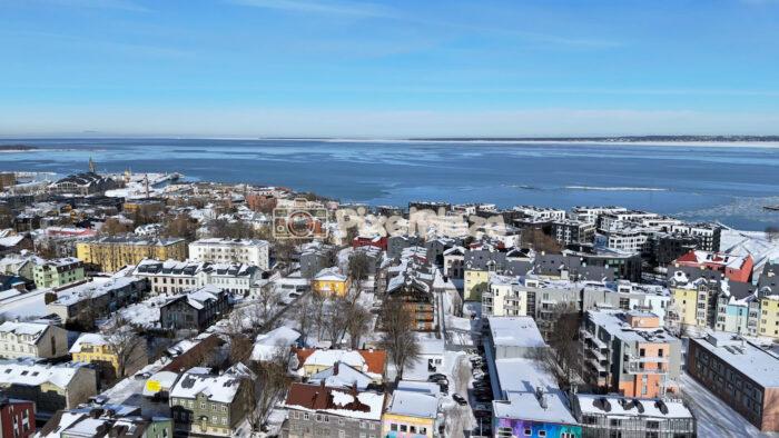 Aerial Winter View of Northern Tallinn Coastal District and Baltic Sea, Estonia
