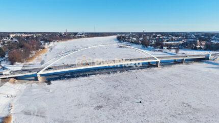 Pärnu Arch Bridge Over Frozen River - Winter Aerial, Estonia