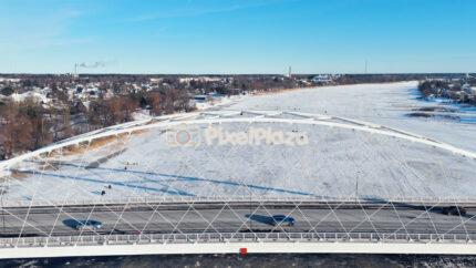 Pärnu Arch Bridge Winter Aerial Over Frozen River, Estonia