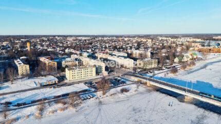 Pärnu City Center Bridge Winter Aerial - Snowy Urban Landscape in Estonia