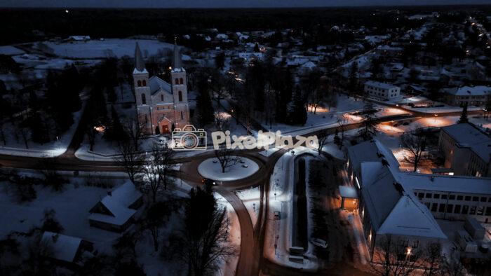 Rapla Church of Mary Magdalene Winter Night Aerial, Estonia