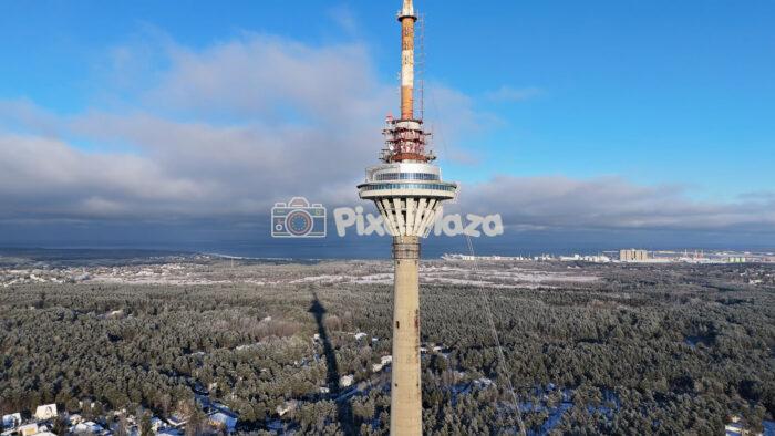 Tallinn TV Tower Winter Aerial – Snowy Forest and Baltic Coast Panorama, Estonia