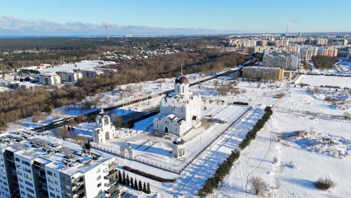 Winter Aerial Drone View of Orthodox Church and Lasnamäe District in Tallinn, Estonia