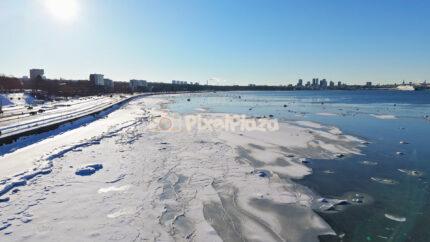 Winter Aerial of Pirita Road and Frozen Coastline, Tallinn, Estonia