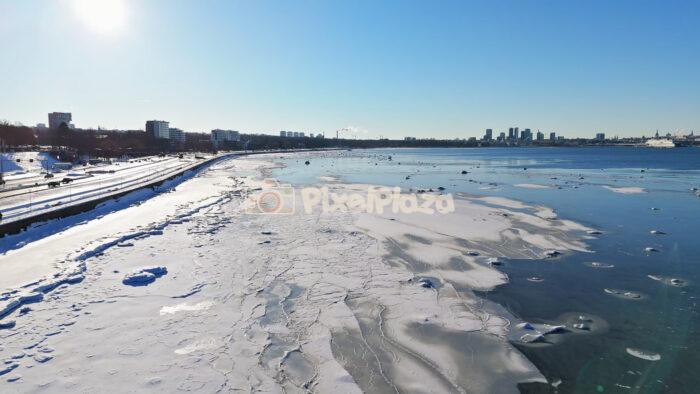 Winter Aerial of Pirita Road and Frozen Coastline, Tallinn, Estonia