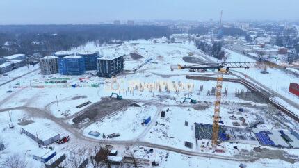Winter Construction Crane and New Residential Development in Tallinn Hipodroomi - 4K Drone Video