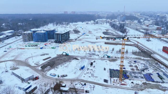 Winter Construction Crane and New Residential Development in Tallinn Hipodroomi - 4K Drone Video