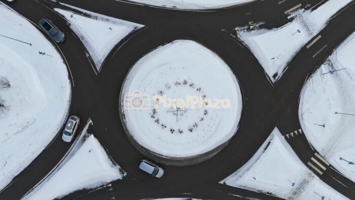 Winter Roundabout Aerial Top View - Snowy Road Intersection, Viimsi Peninsula, Estonia