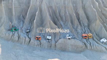 Abandoned Car Wreck Cabins on Clay Cliffs at Rummu Quarry Estonia Drone