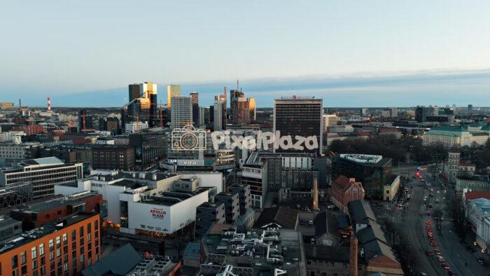 Aerial Drone Skyline of Downtown Tallinn with Viru Hotel and Modern Business District, Estonia
